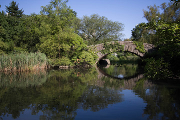 Fototapeta na wymiar Gapstow bridge reflects on the lake with blue sky and plants in summer