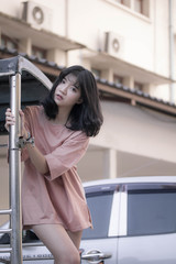 Portrait of vietnam high school teen beautiful girl happy in vintage style