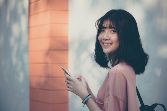 Portrait of vietnam high school teen beautiful girl happy in vintage style