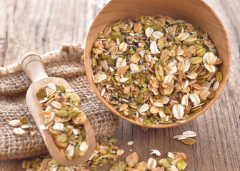 Cereal in a wooden bowl on a table