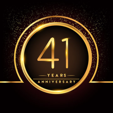 forty one years birthday celebration logotype. 41st anniversary logo with confetti and golden ring isolated on black background, vector design for greeting card and invitation card.