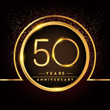 fifty years birthday celebration logotype. 50th anniversary logo with confetti and golden ring isolated on black background, vector design for greeting card and invitation card.