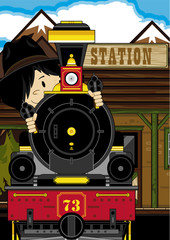 Cartoon Cowboy at Train Station
