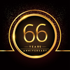 sixty six years birthday celebration logotype. 66th anniversary logo with confetti and golden ring isolated on black background, vector design for greeting card and invitation card.