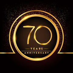 seventy years birthday celebration logotype. 70th anniversary logo with confetti and golden ring isolated on black background, vector design for greeting card and invitation card.