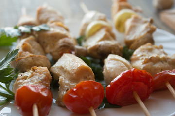 chicken shish kebab with tomato and mushroom barbecue