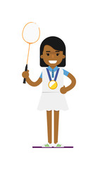 Young black woman tennis player with racket vector illustration isolated on white background. Sport competition concept, sportswoman personage in flat design.