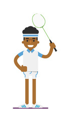Young black man badminton player with racket vector illustration isolated on white background. Sport competition concept, sportsman, athlete personage in flat design.