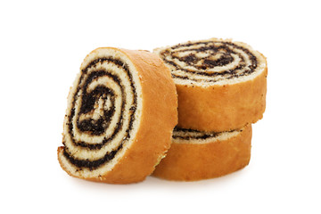 Slices of sweet roll cake isolated on white background