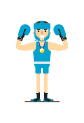 Young smiling boxer win gold medal vector illustration isolated on white background. Sport competition concept, sportsman, athlete personage in flat design.
