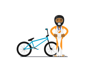 Young african bicyclist with bike vector illustration isolated on white background. Sport competition concept, athlete personage in flat design.