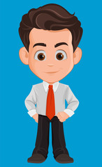 Business man cartoon character. Cute young businessman in office clothes standing with confident look. Vector illustration