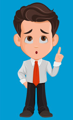 Business man cartoon character. Cute young businessman in office clothes thinking over idea. Brainstorming. Vector illustration