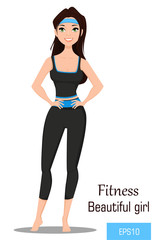 Fit woman in sportswear. Beautiful brunette fitness girl doing exercises barefoot. Vector illustration. Fitness as a lifestyle. EPS10.