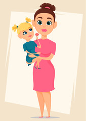 Happy mother's day greeting card. Mother holding her daughter. Best mom, mum ever cute. Daughter with tasty candy. Mother, Love, Children - stock vector
