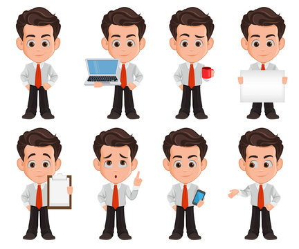 Business man cartoon character. Set of eight illustrations. Cute young businessman in office clothes. Vector illustration
