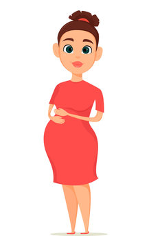 Cute pregnant woman in red dress. Pregnancy is the happiest time in life of every woman. Cartoon character. Vector illustration.