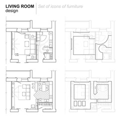 The architectural plan. the layout of the apartment with the furniture in the drawing view. Top. Accommodation with kitchen, living room.