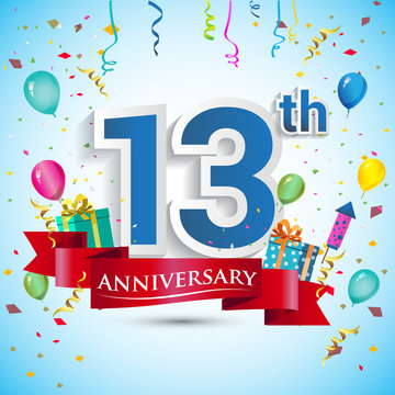 13th Years Anniversary Celebration Design, with gift box and balloons, Red ribbon, Colorful Vector template elements for your thirteen birthday celebrating party.
