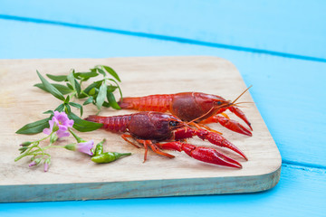 fresh crayfish on wood