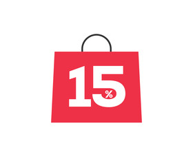 Vector red shopping bag with 15% on it isolated on white background. For spring summer sale campaign.