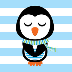 Xmas card with cute penguin vector cartoon on striped background, Xmas postcard, wallpaper, and greeting card, vector illustration
