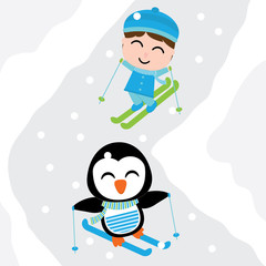 Xmas card with cute penguin and boy play ski vector cartoon, Xmas postcard, wallpaper, and greeting card, vector illustration