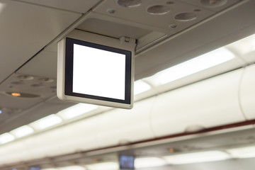 In-flight entertainment on airplane Display Screen,Aircraft monitor in passenger seat ,vintage color,selective focus,transport concept