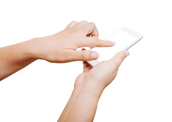 isolated woman hand hold and touch screen smart phone on white background