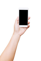 isolated woman hand hold smart phone on white background