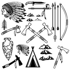 Set of native americans weapon. Mountains icons. Design elements for logo, label, emblem, sign, poster. Vector illustration