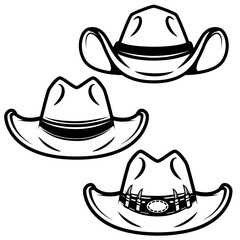 Set of cowboy hats isolated on white background. Design element for logo, label, emblem, sign. Vector illustration