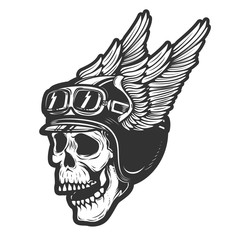 racer skull in winged helmet isolated on white background. Design element for emblem, poster, t-shirt. Vector illustration