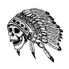 skull in native american indian chief headdress. Design element for poster, t-shirt. Vector illustration.
