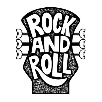Rock and roll. Hand drawn phrase on guitar neck head background. Design element for poster, emblem, sign. Vector illustration