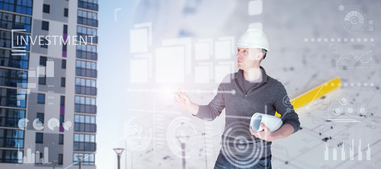 Collage with construction worker holding construction plans
