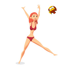 Young woman in red bikini playing volleyball at beach. Girl beats the ball in the game. Flat isolated vector illustration