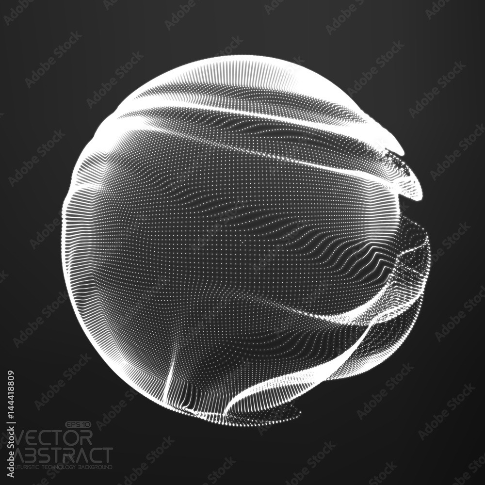 Poster abstract vector monochrome mesh sphere on dark background. futuristic style card. elegant background