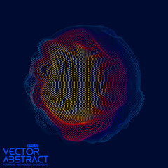 Abstract vector colorful mesh sphere on dark blue background. Futuristic style card. Elegant background for business presentations. Corrupted point sphere. Chaos aesthetics.