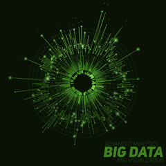 Vector abstract green round big data visualization. Futuristic infographics design. Visual information complexity. Intricate data threads graphic. Social network or business analytics representation.