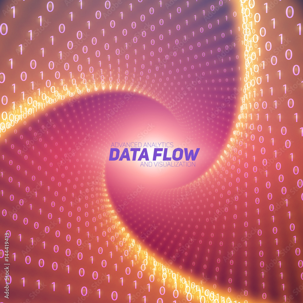 Poster vector data flow visualization. red flow of big data as binary numbers strings twisted in tunnel. in