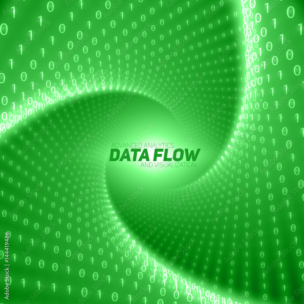 Poster vector data flow visualization. green flow of big data as binary numbers strings twisted in tunnel. 