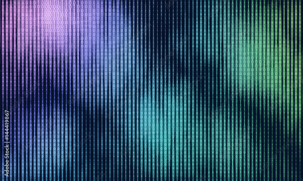 Poster vector abstract big data visualization. colorful data flow as binary numbers strings. computer code 