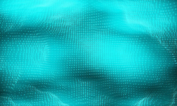 Vector abstract big data visualization. Cyan glowing data flow as binary numbers. Computer code representation. Cryptographic analysis, hacking. Bitcoin, blockchain transfer. Pattern of program code