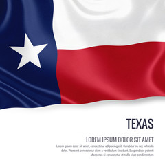 Flag of U.S. state Texas waving on an isolated white background. State name and the text area for your message.