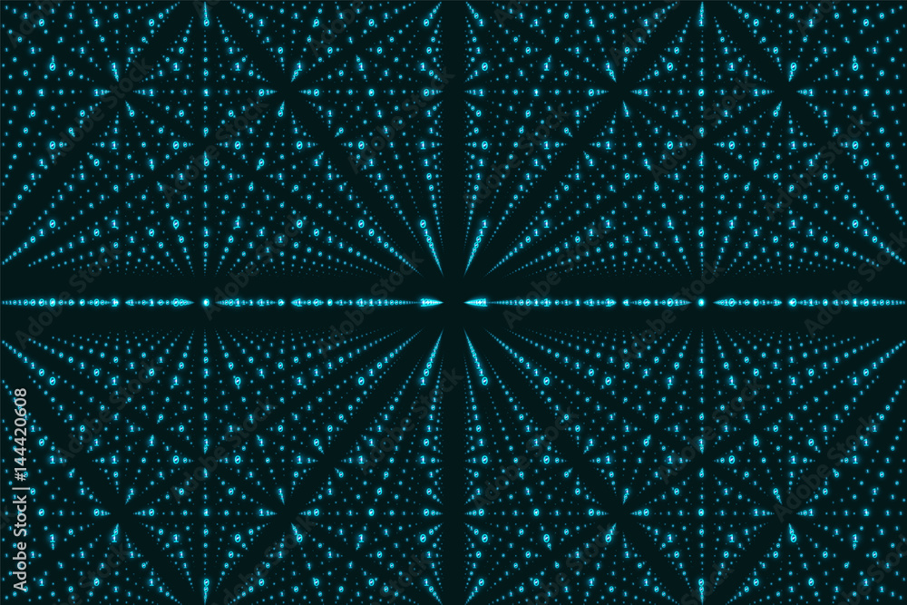 Poster vector infinity data matrix visualization. blue big data structure with binary numbers lattice. info