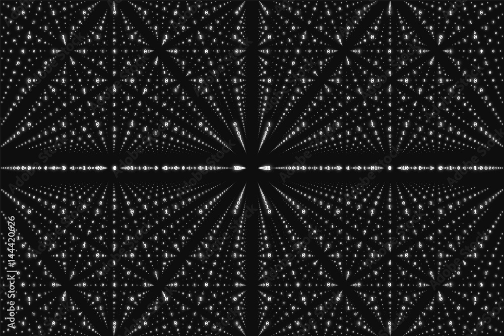 Poster vector infinity data matrix visualization. grayscale big data structure with binary numbers lattice.