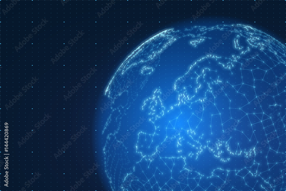 Poster vector world map construted of numbers and lines. abstract globe connections illustration. futurisri
