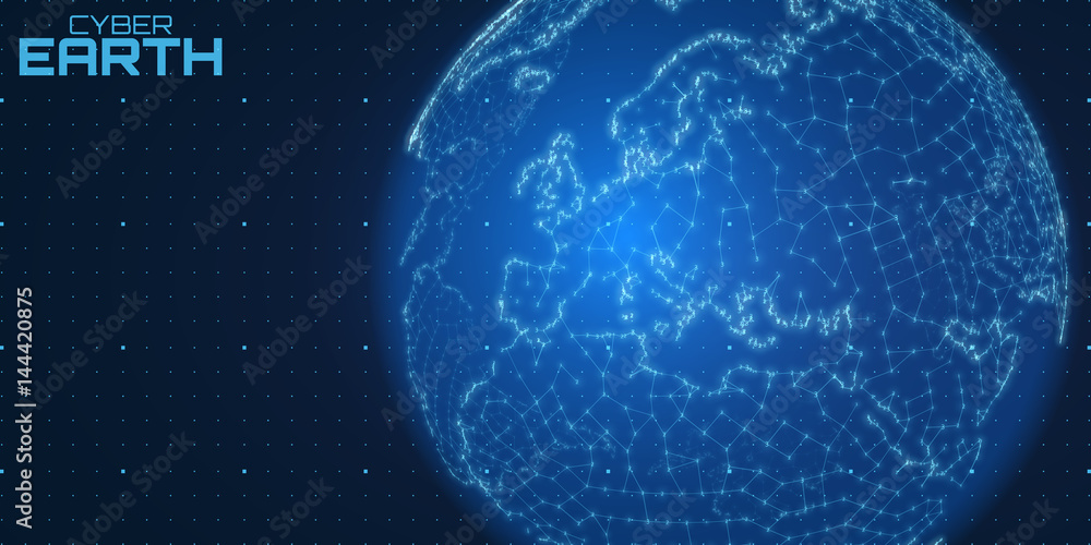 Poster vector world map construted of numbers and lines. abstract globe connections illustration. futurisri
