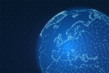 Obraz premium Mapa świata wektor skonstruowana z liczb i linii. Streszczenie ilustracji połączeń na świecie. Futurystyczna mapa sferyczna. Europa wyśrodkowana. Koncepcja technologiczna planety. Międzynarodowa komunikacja danych